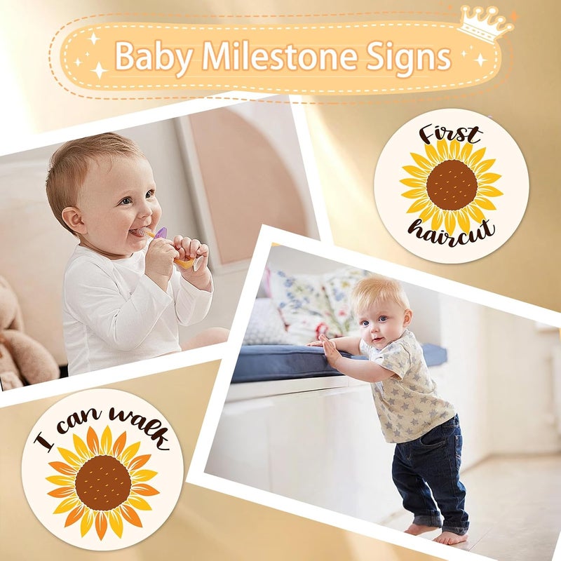 MCIAONE Baby Monthly Milestone Cards Sign - 13Pcs Double Sided Sunflower Milestone Markers, Flower Pattern Wooden Circles Discs Newborn Announcement Marker, Baby Shower Newborn Sign Photo Cards Gift Set - Image 5
